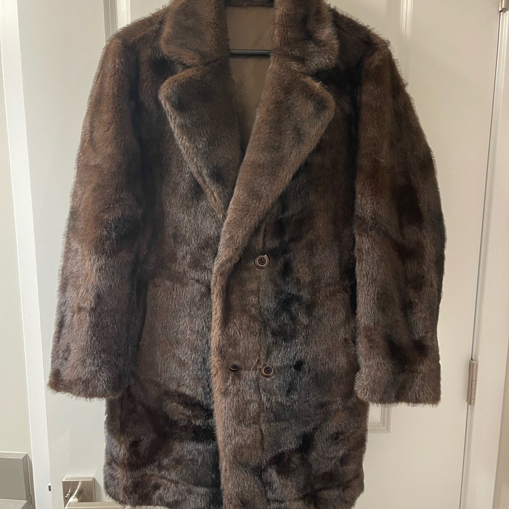 Brown Pea Coat with Plush Texture and Oversized Design